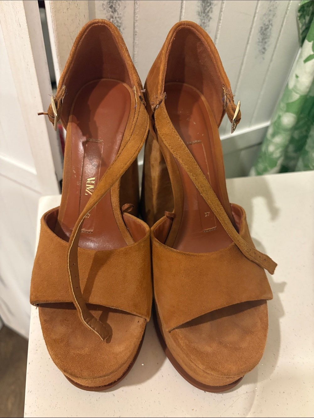 Zara Tan Suede Platform Wedge Sandals with Ankle Strap